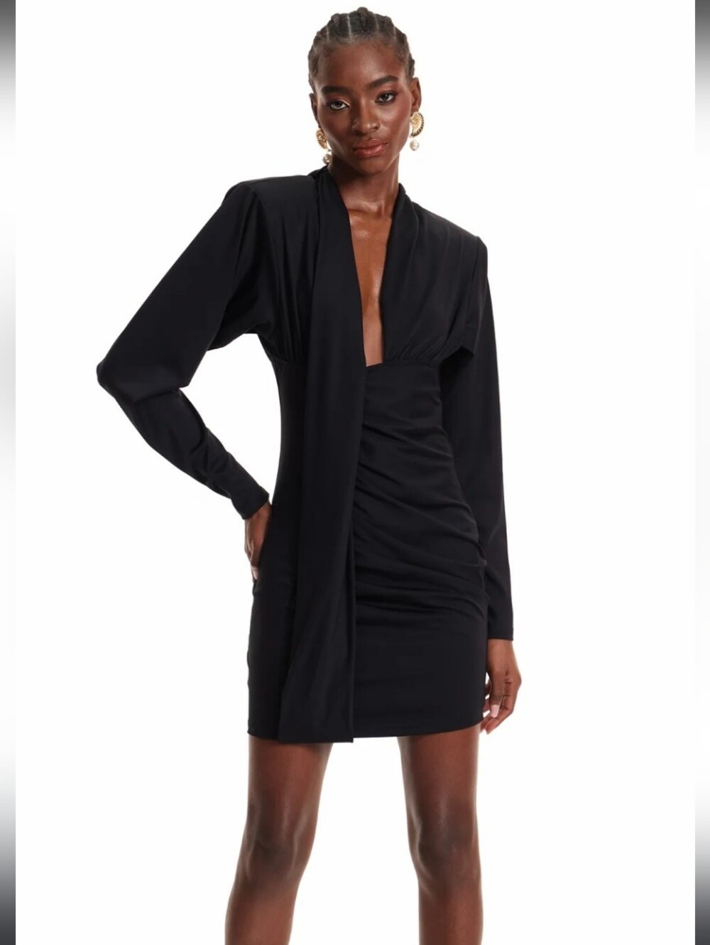NWT Innovare Denim Size Small Black Dermid Long Sleeve Plunge Ruch Mini Dress